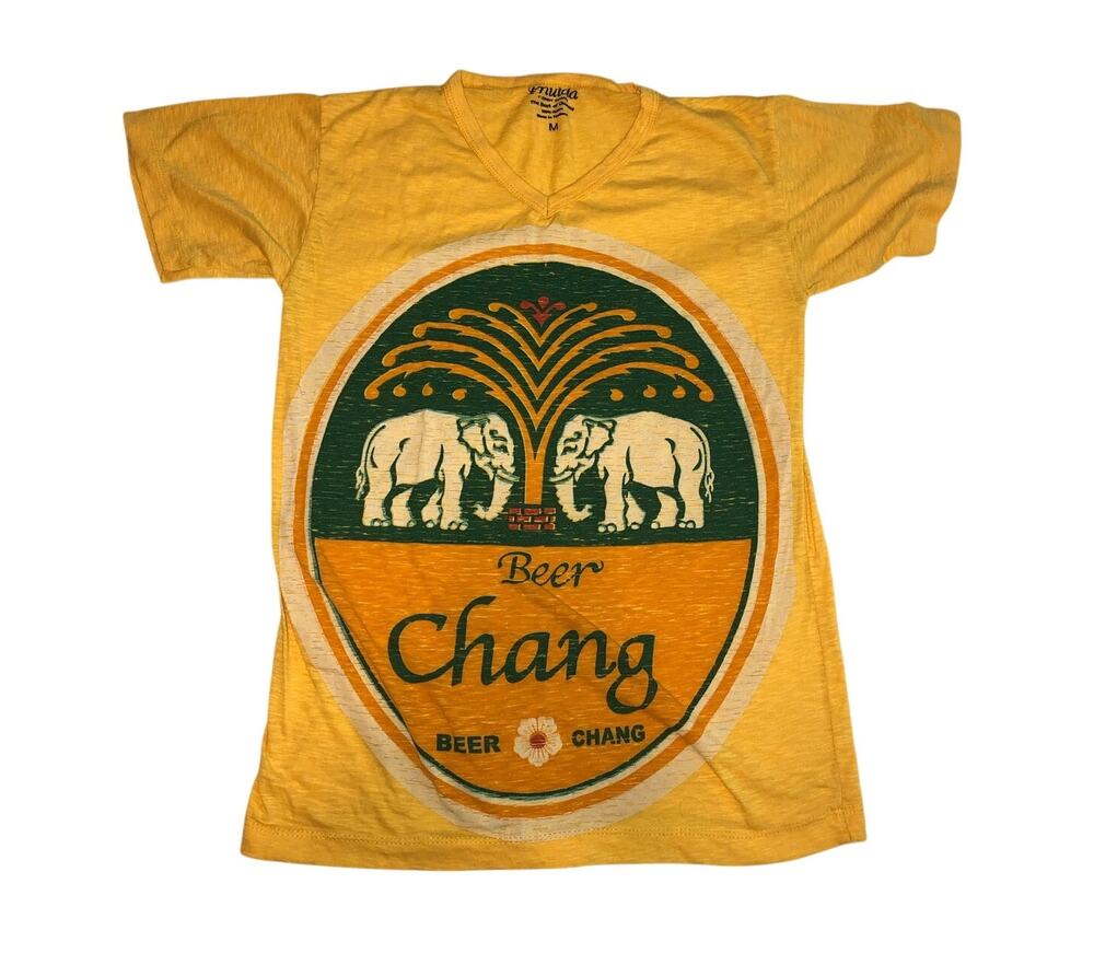 Beer Chang Thailand Elephant Graphic Tee Yellow V Neck Size M Unisex Souvenir